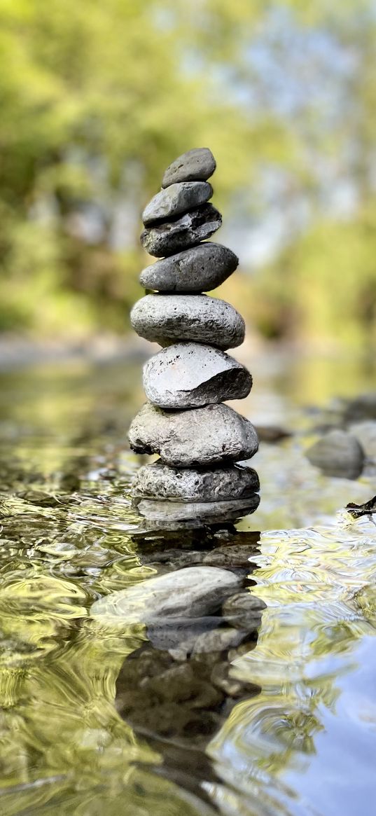 stones, pyramid, balance, stream, river, forest, nature