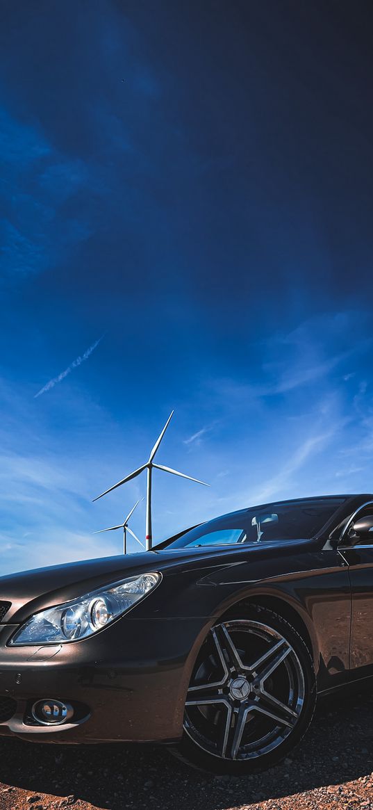 mercedes, car, black, wind farm, clouds, blue sky