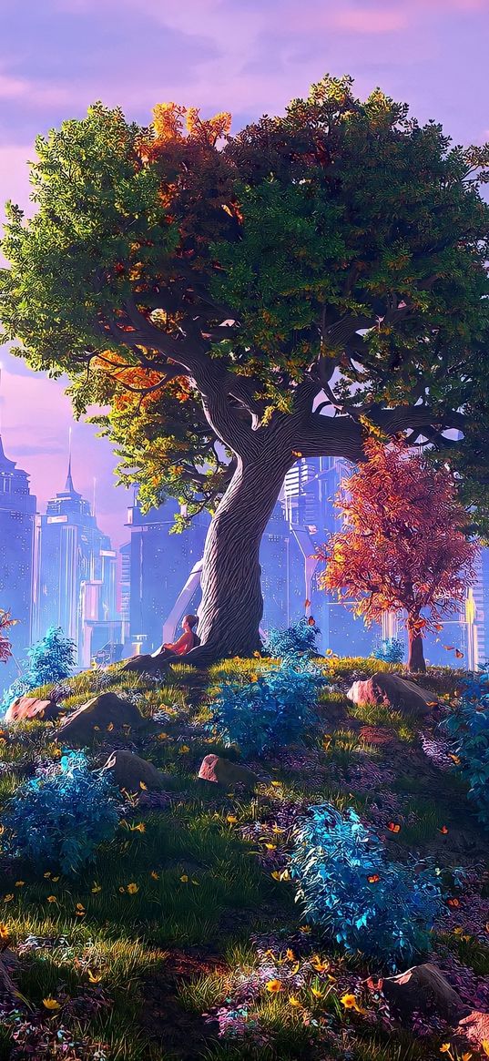 tree, hill, man, lonely, skyscrapers, city, art