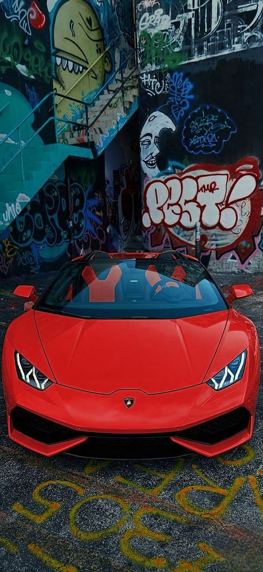 lamborghini huracan, lamborghini, sports car, car, red, graffiti, street