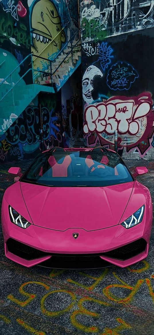 lamborghini huracan, lamborghini, sports car, car, pink, graffiti, street