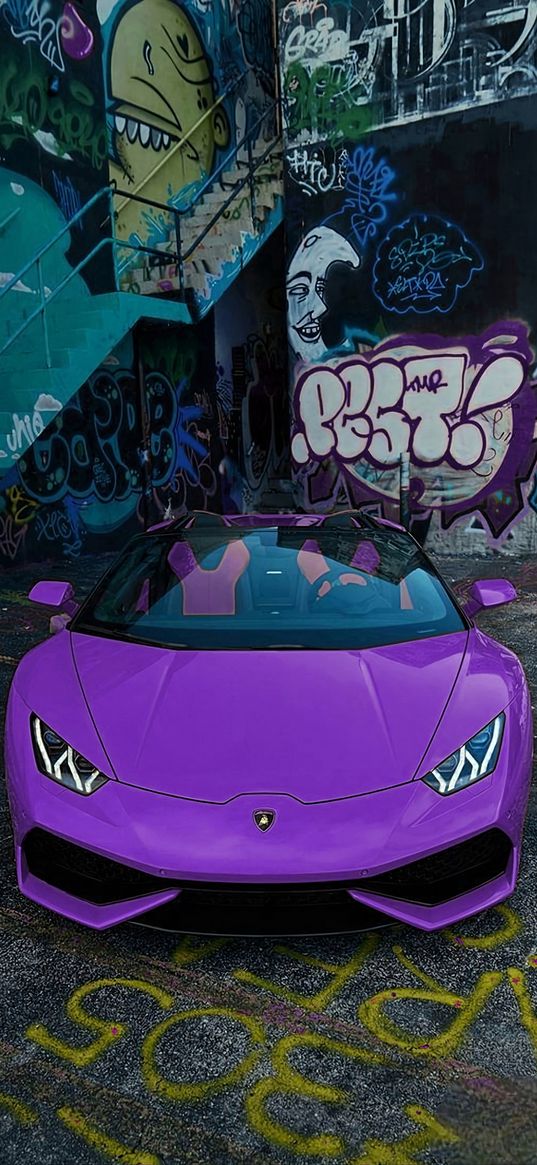 lamborghini huracan, lamborghini, sports car, car, purple, graffiti, street