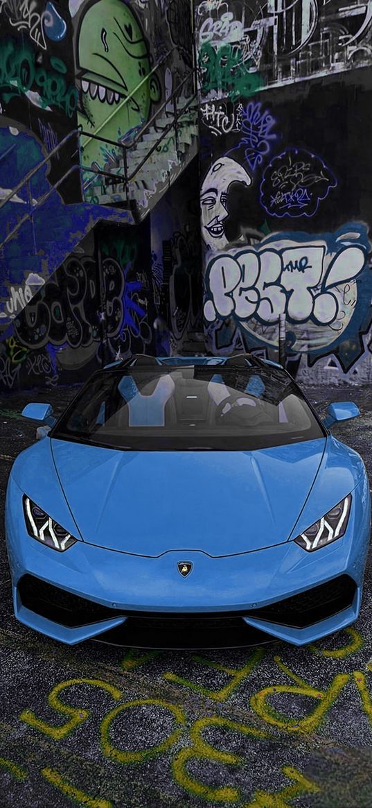 lamborghini huracan, lamborghini, sports car, car, blue, graffiti, street