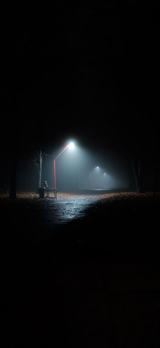 shop, lanterns, fog, trees, park, darkness, night