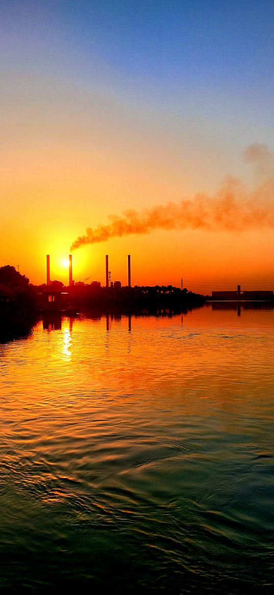 pipes, factory, lake, city, sun, sunset, evening, sky