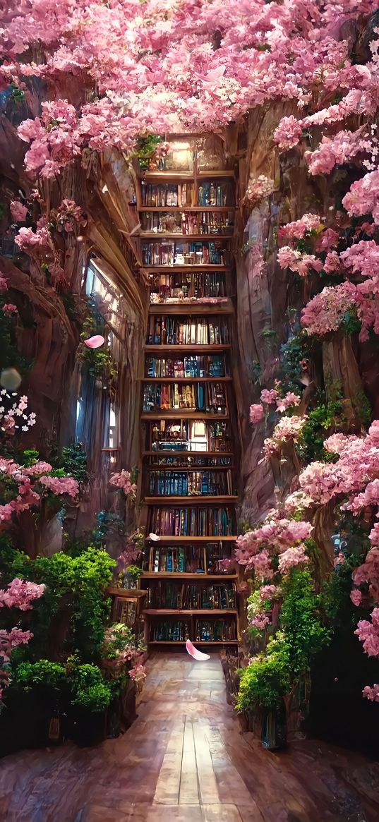 book, shelf, library, flowers, tree, fantasy, art