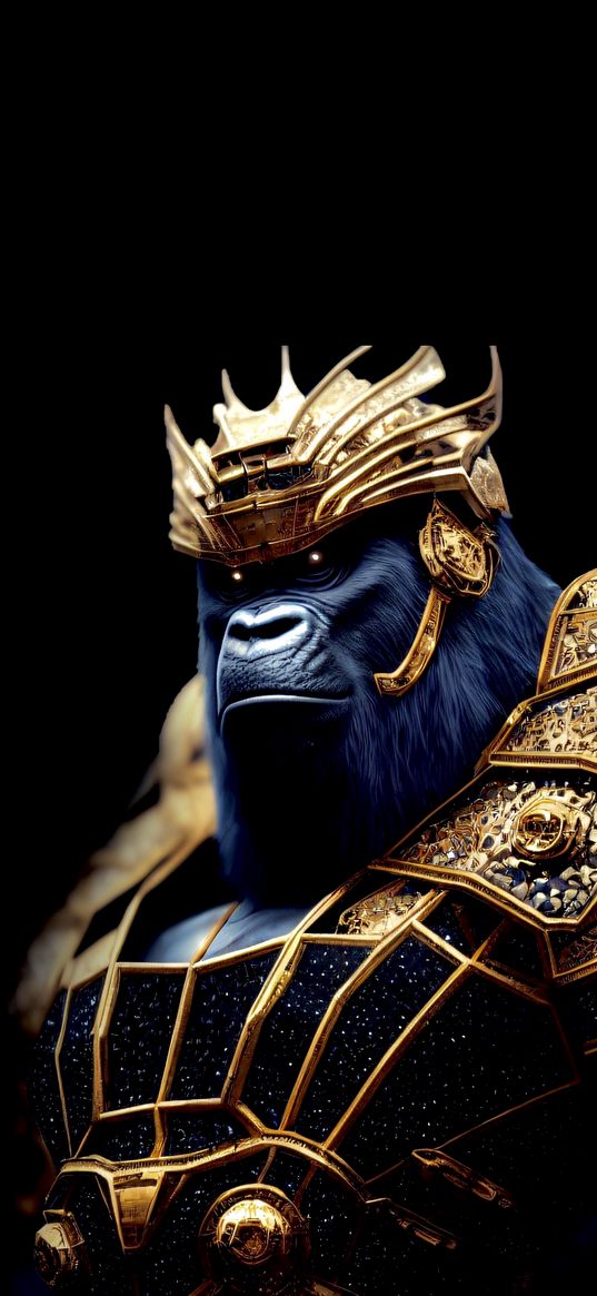 gorilla, king, gold, shield, apes, dark background, abstract