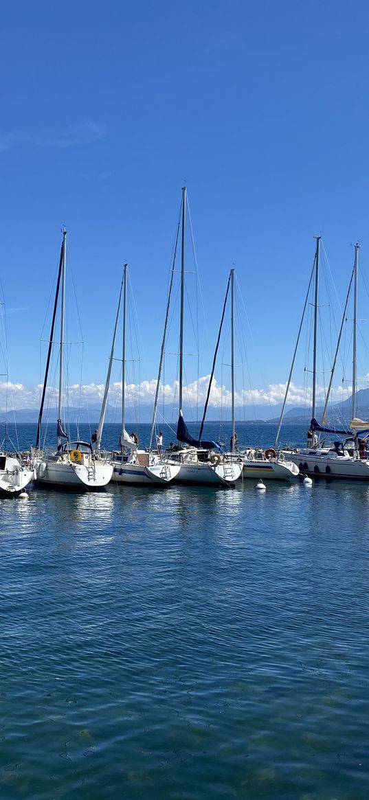 boats, masts, sea, horizon, sky