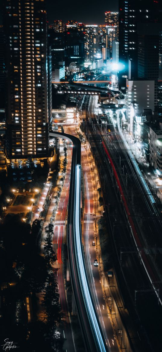 buildings, lights, road, glow, freezelight, night, city