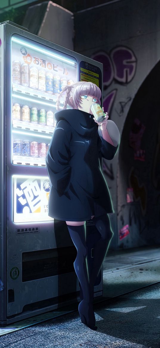 girl, anime, art, jar, vending machine, tunnel