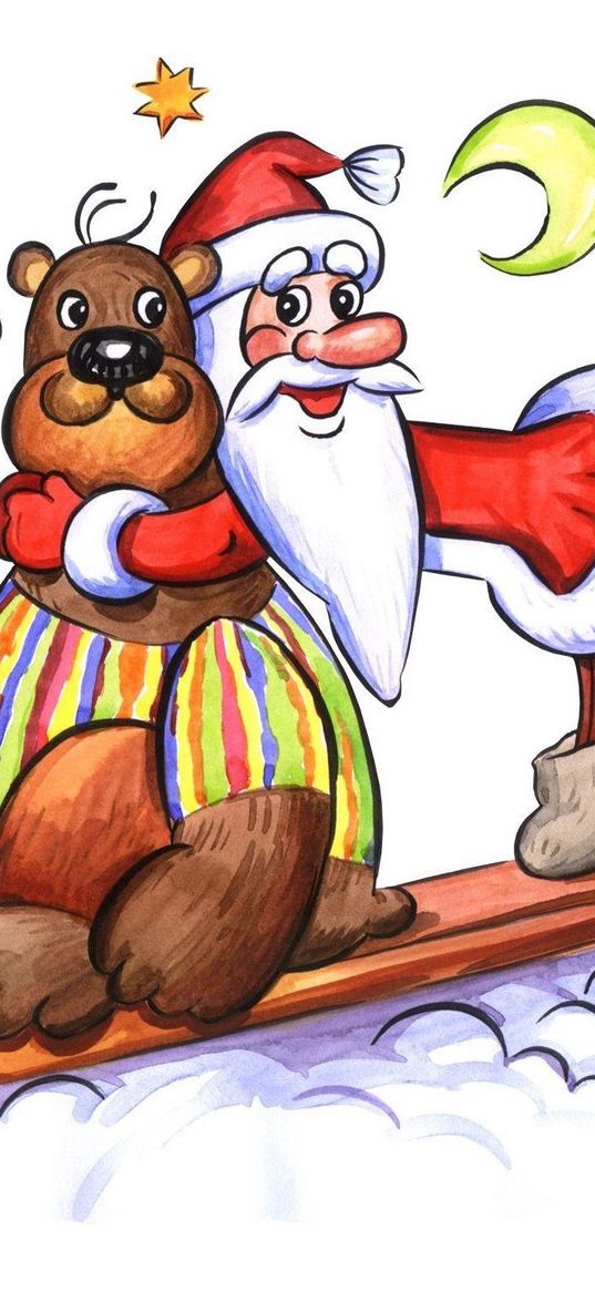 bear, santa claus, greeting card, stars, moon, sleigh, holiday