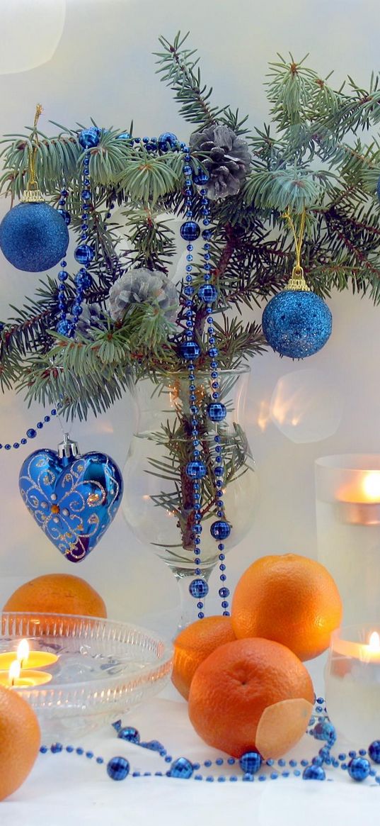 new year, celebration, branch, tangerines, candles, christmas decorations