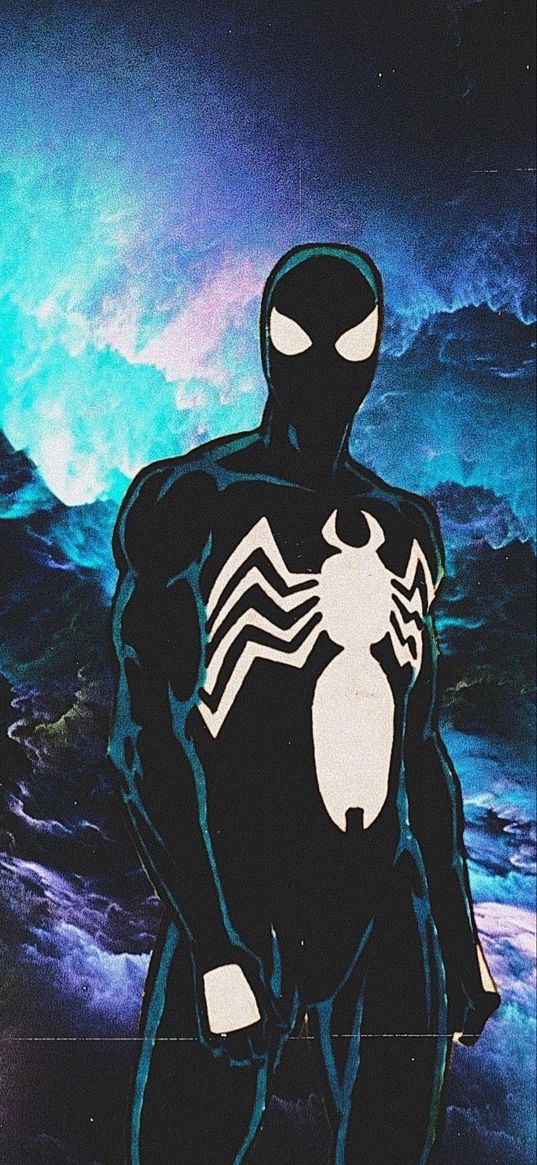 venom, spider-man, spiderman, marvel, comics, sky, blue, art