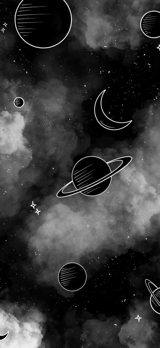 planets, space, clouds, gray, black and white, art