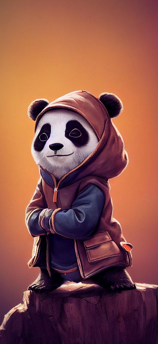 panda, bear, jacket, hood, art, cute