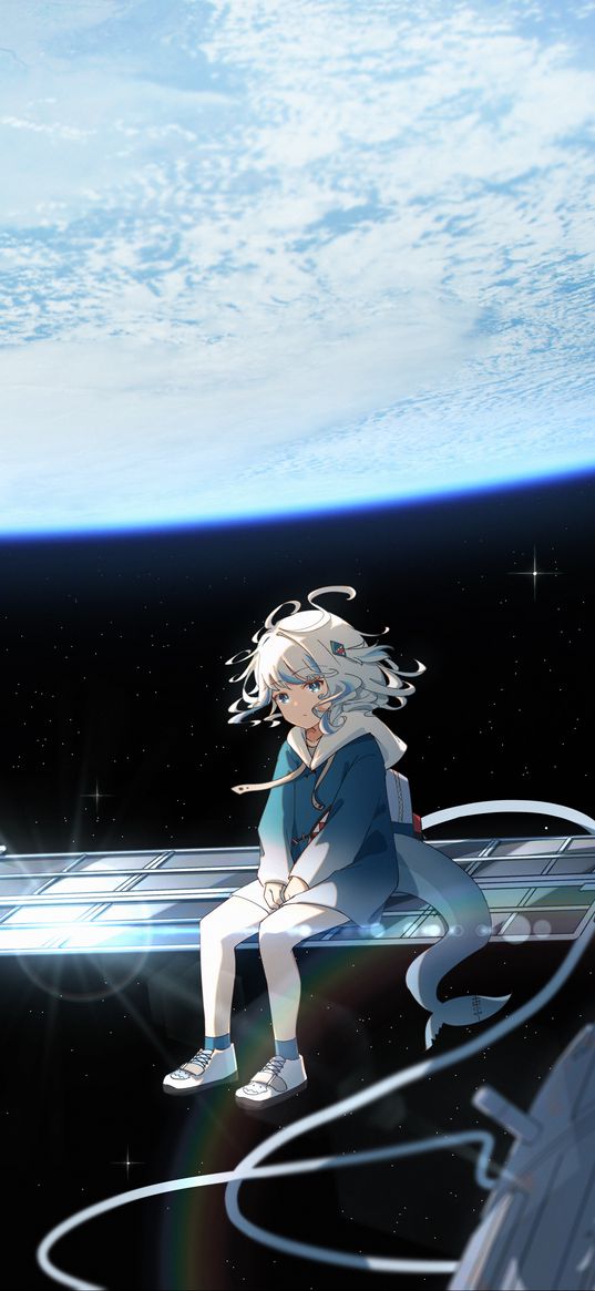 gawr gura, hololive, anime, girl, space, satellite, art