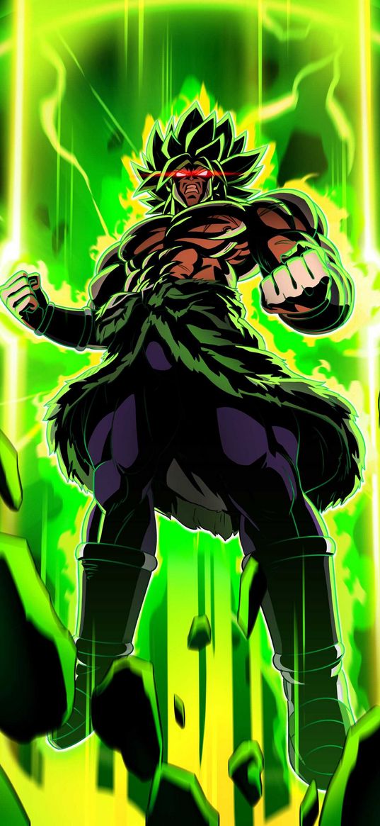 broly, dragon ball, anime, fighter, warrior, superpower, lightning, green, art