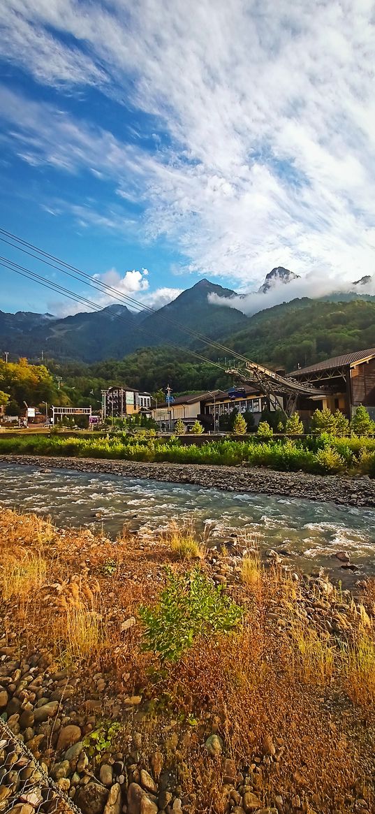 river, stream, houses, village, cable car, mountains, hills, clouds, blue sky, nature