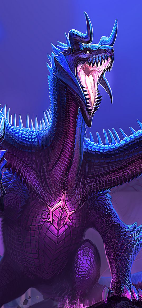 dragon, three-headed, monster, crystal, purple, fantasy, art