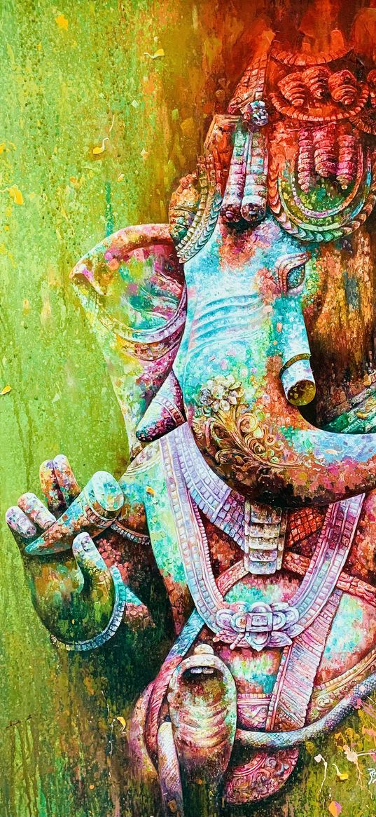 ganesha, god, elephant, paints, multicolored, statue, hinduism, india