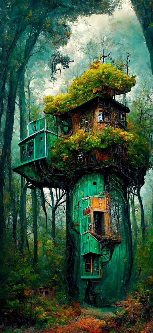 house, tree, forest, fantasy, nature, art