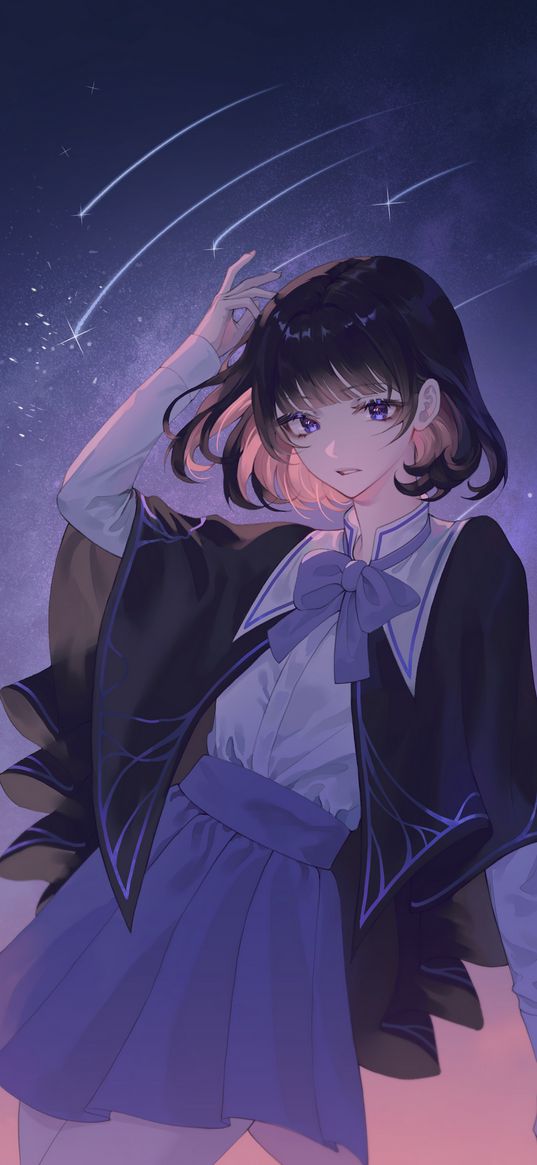 girl, school uniform, robe, beautiful, stars, comets, anime, art