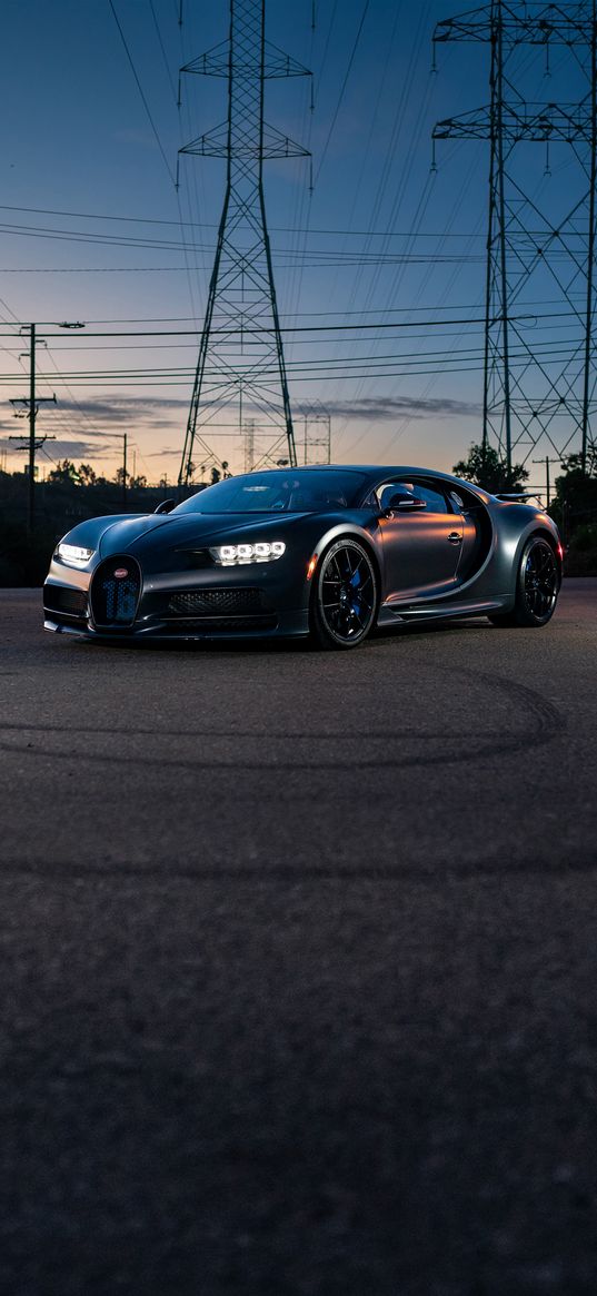 bugatti chiron, bugatti, sports car, car, black, asphalt, towers, wires, sunset