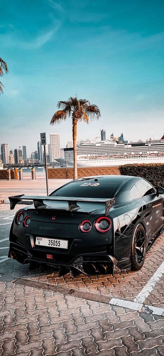 nissan gtr, nissan, sports car, car, ship, palm trees, street, blue sky