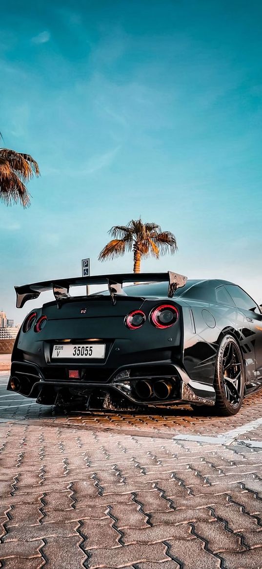 nissan gtr, nissan, sports car, car, black, palm trees, street, blue sky