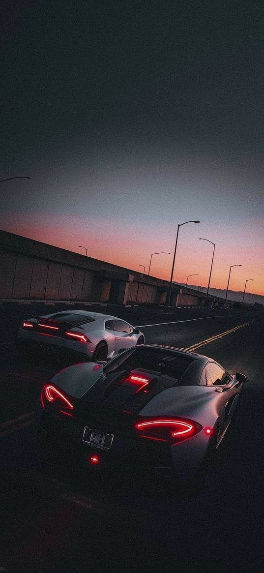 mclaren, lamborghini, sports cars, cars, road, race, sunset