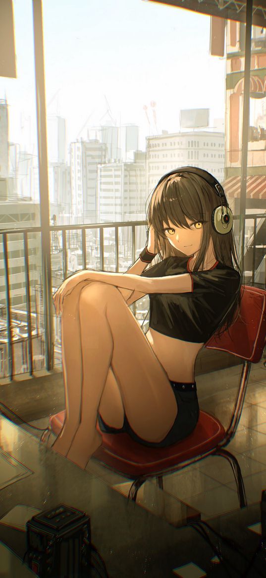 girl, headphones, beautiful, cute, chair, balcony, apartment, city, anime, art