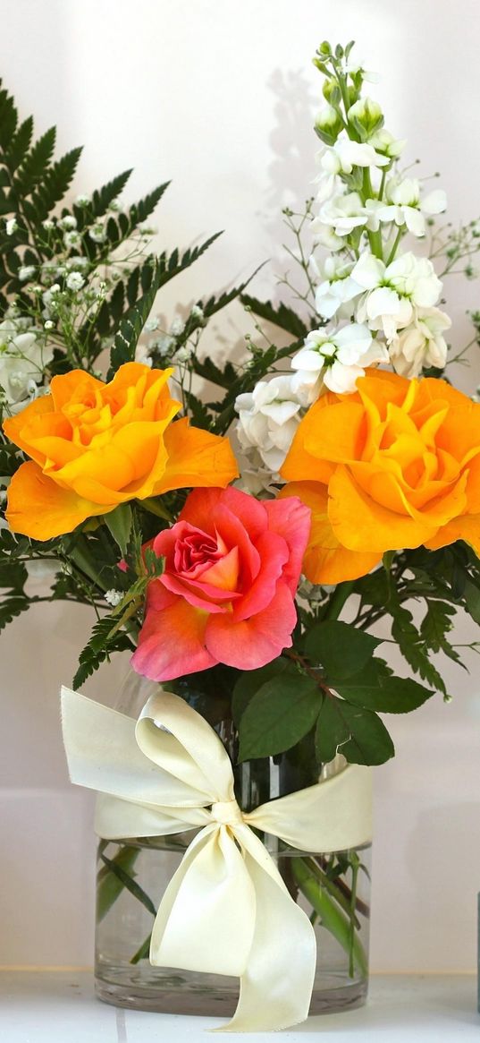 roses, gypsophila, ferns, leaves, jasmine, bouquet, composition, vase, ribbon, candle