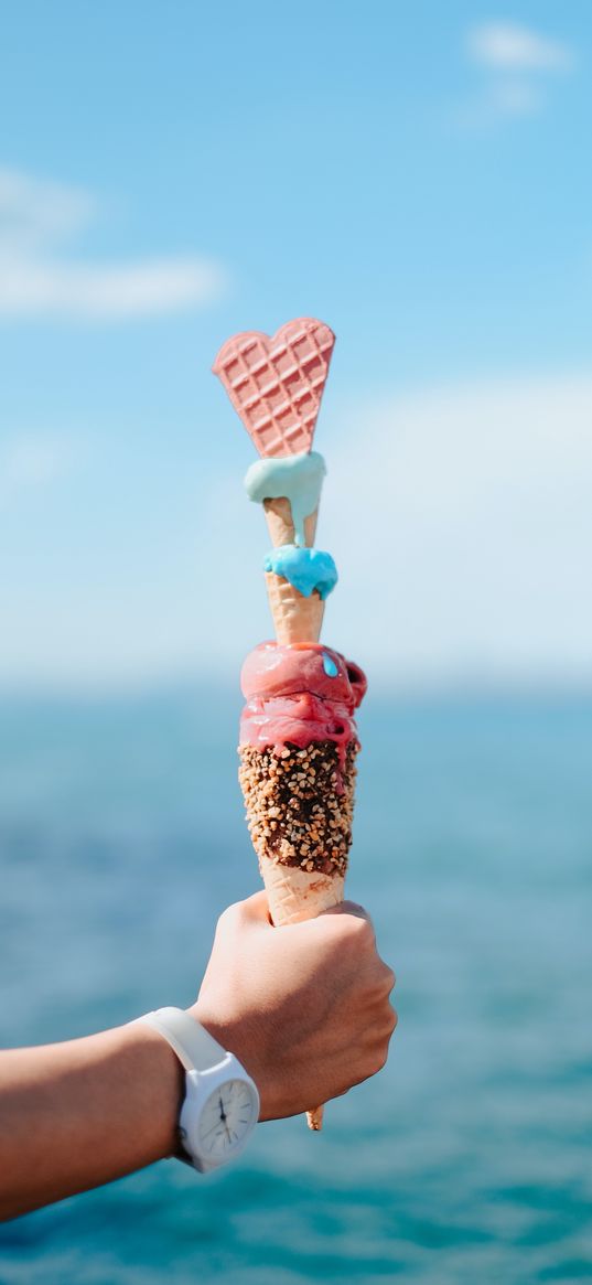 hand, sea, ice cream, waffle, color, water, pink, watch, white, sky