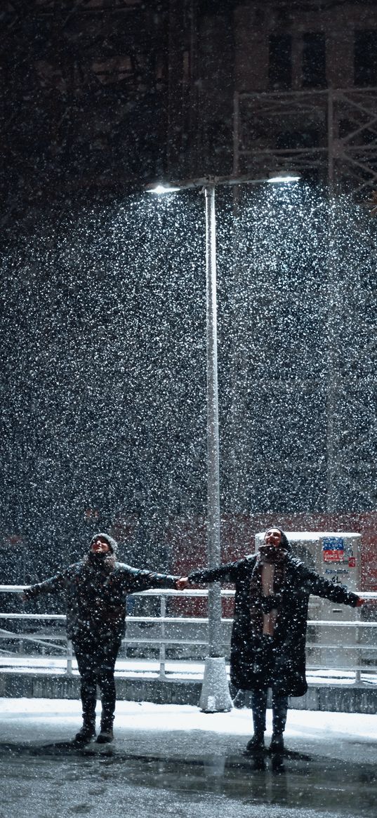 rain, snow, water, clouds, night, lamp, people, joy, holiday, frost