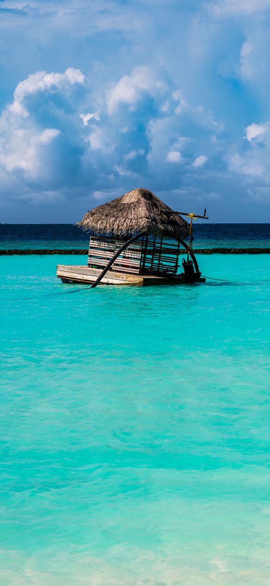 hut, ocean, horizon, clouds, maldives