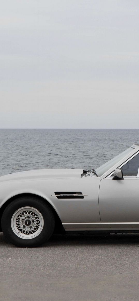 aston martin, v8, volante, 1977, gray, side view, cabriolet, sea