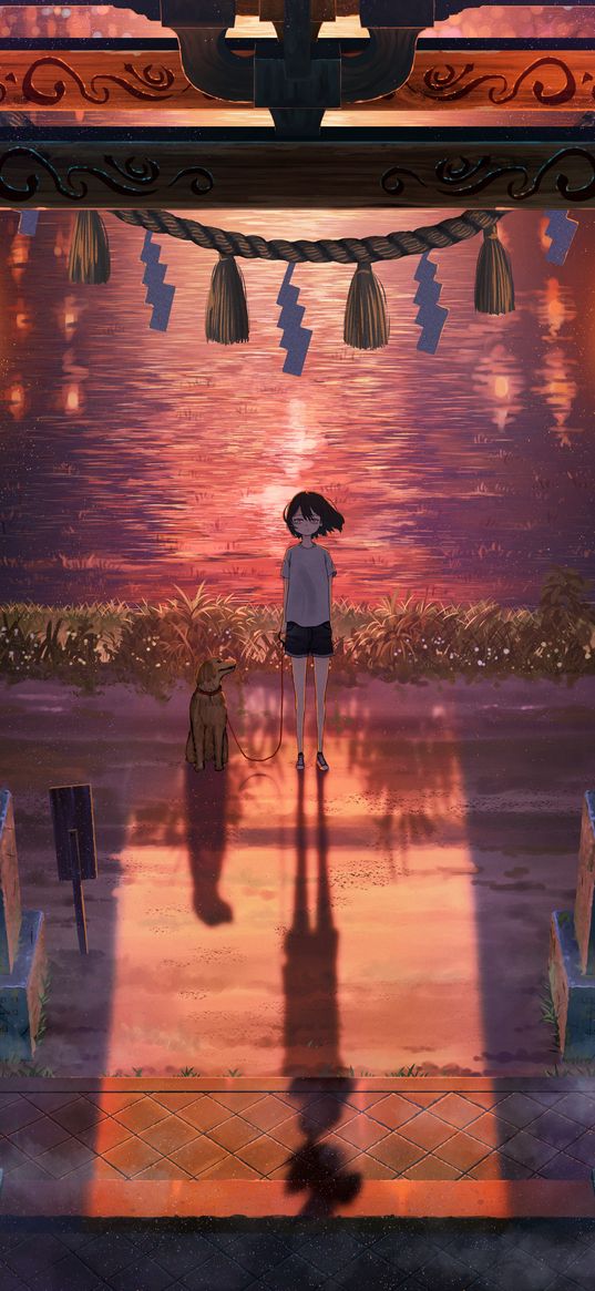 girl, dog, entrance, house, lake, sunset, lanterns, japan, anime, art