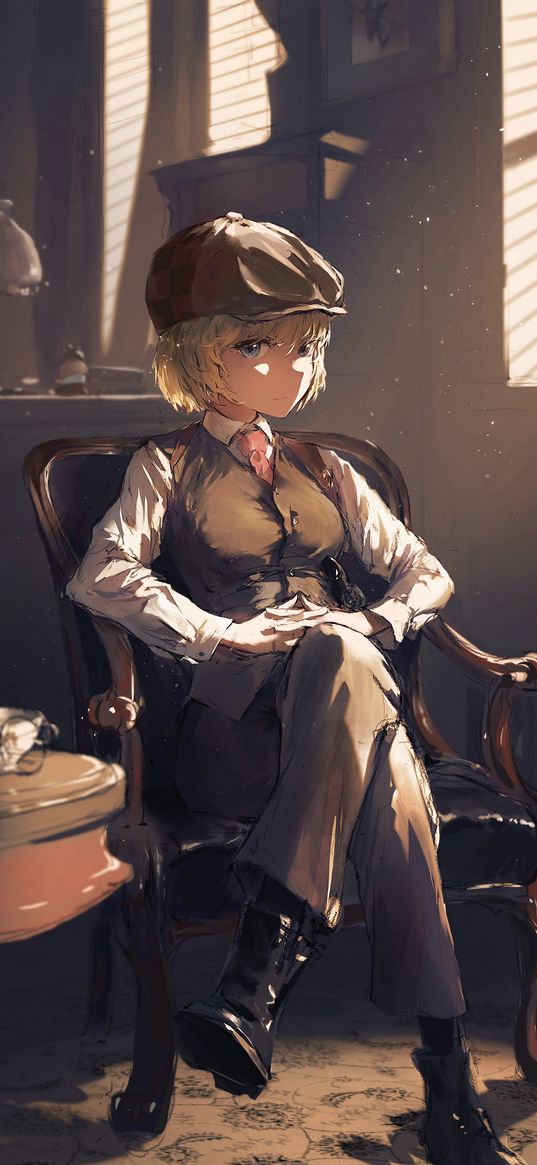 girl, business suit, cap, armchair, apartment, anime, art