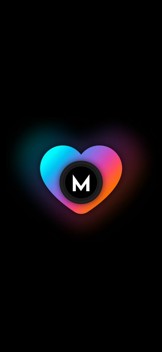 m, letter m, heart, multicolored, black background, art