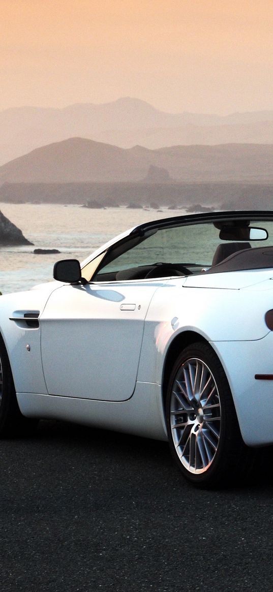 aston martin, v8, vantage, 2008, white, rear view, cabriolet, mountains, sunset