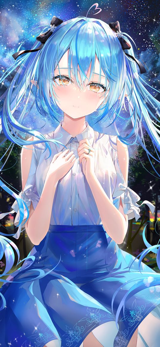 lamy yukihana, hololive, anime, girl, blue hair, blouse, skirt, beautiful, forest, stars, art