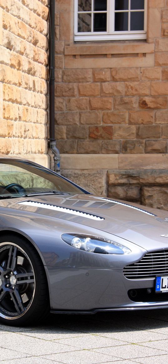 aston martin, v8, vantage, 2009, gray, side view, cabriolet, style, building