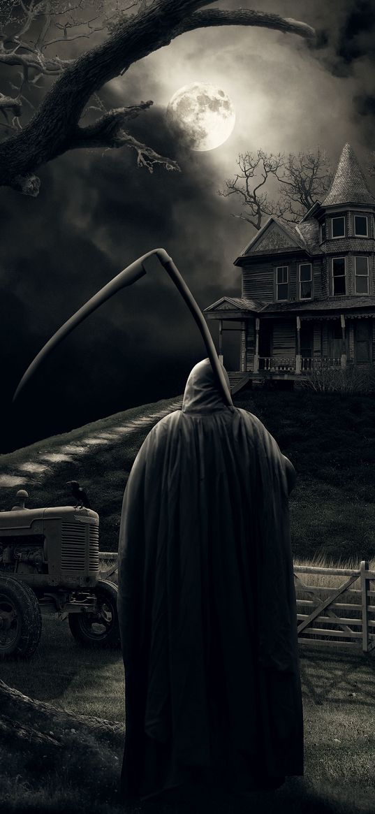 death, scythe, house, tractor, moon, night, horror, dark, scary, art