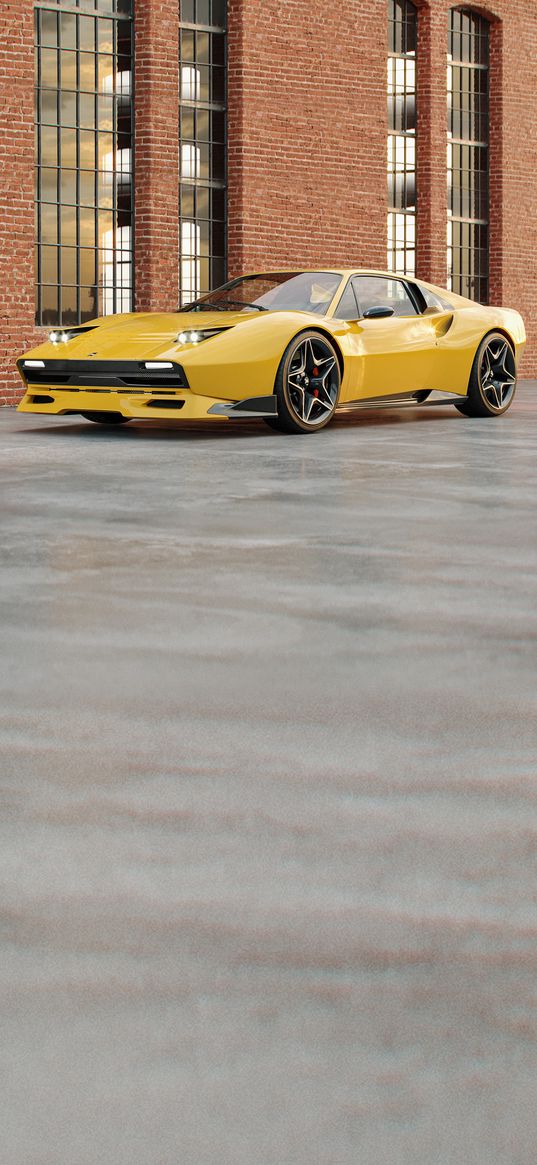 lamborghini, sports car, car, yellow, house, building, concrete