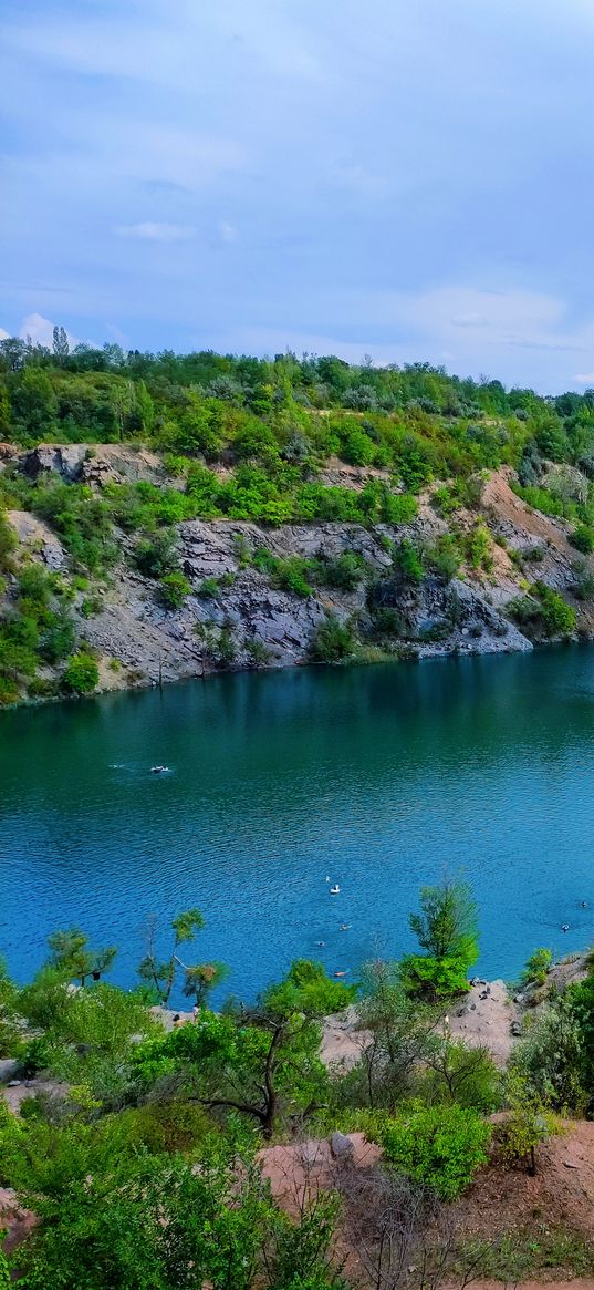 lake, quarry, trees, clouds, sky, cloudy, nature