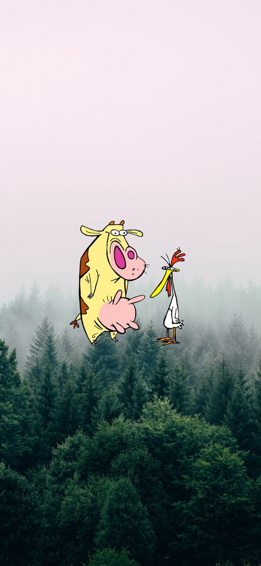 cow, chicken, cartoon, trees, forest, fog, nature