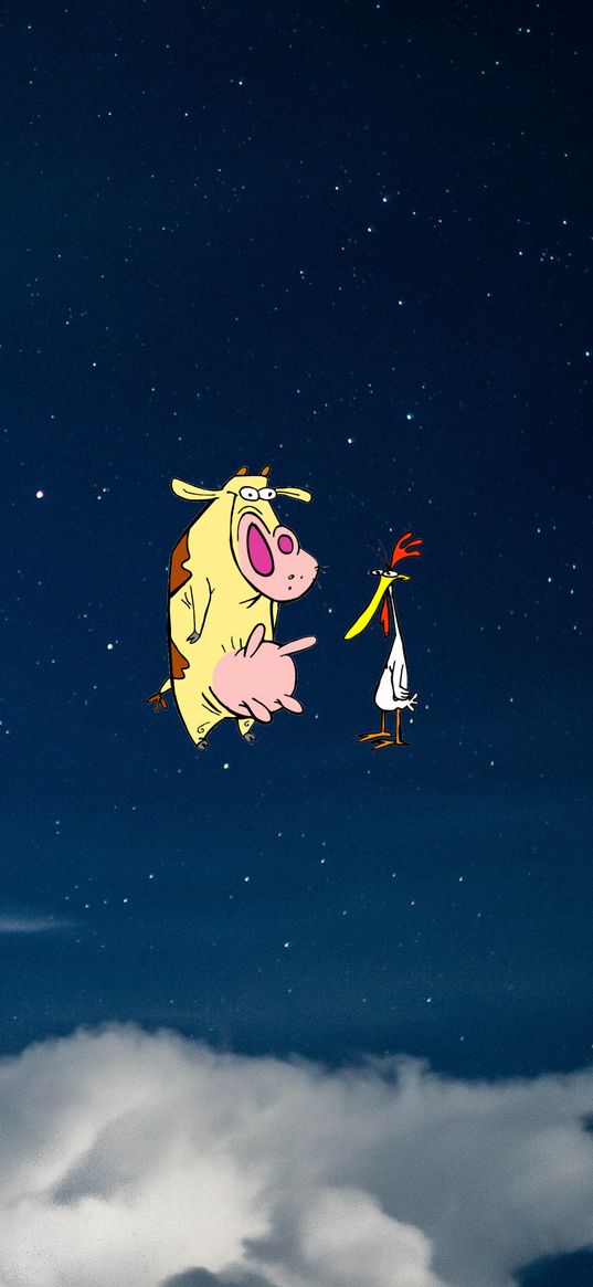 cow, chicken, cartoon, stars, sky, clouds, night, art