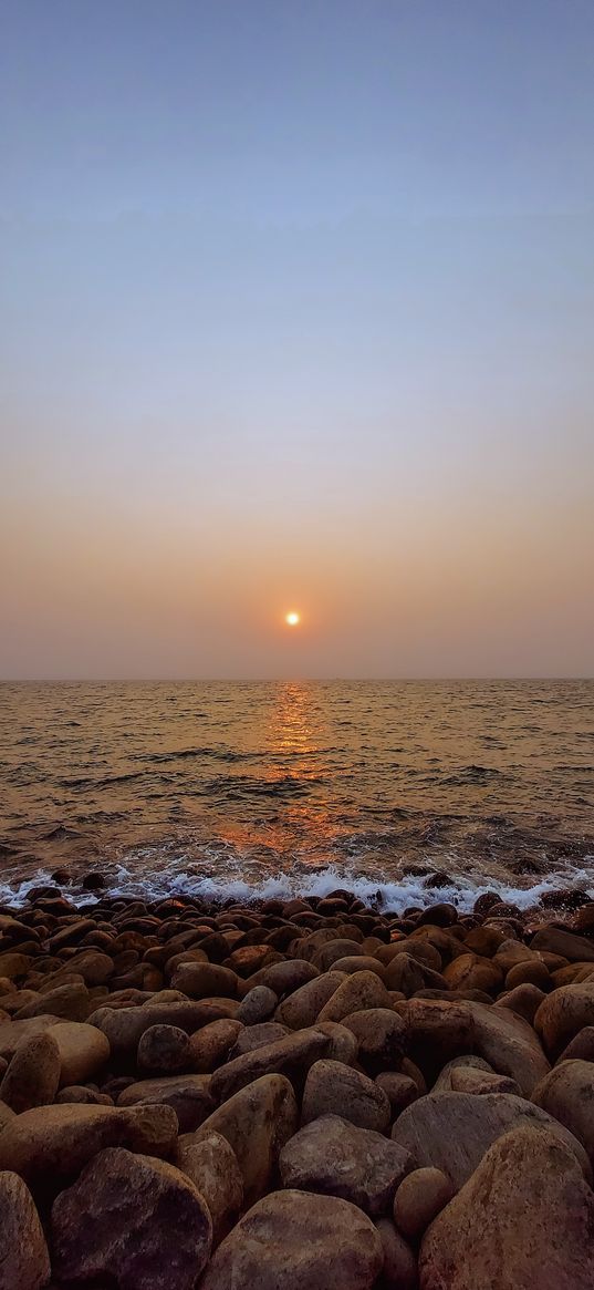 beach, sunset, nature, water, shore, golden hour, pebbles, blue sky, sky, ambience