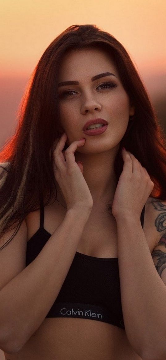 girl, sunset, glance, tattoos