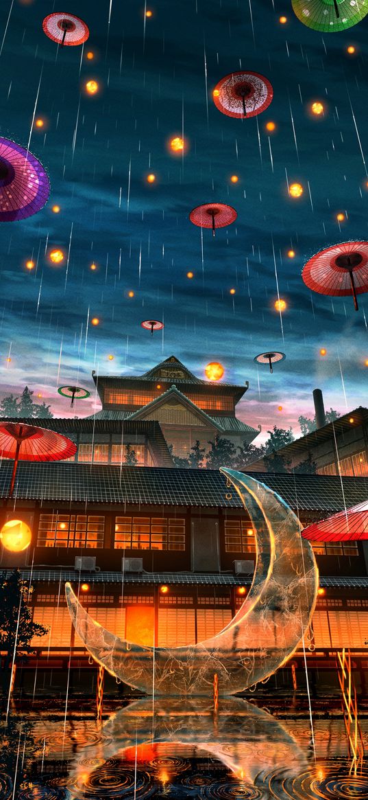 moon, umbrellas, rain, pagoda, night, anime, art